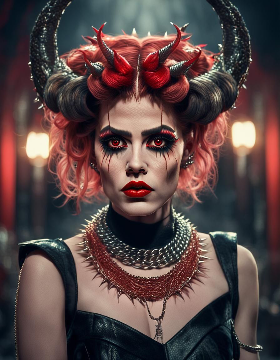 Monster with huge horns,Woman with red lips,red shadow eyes,red blush ...