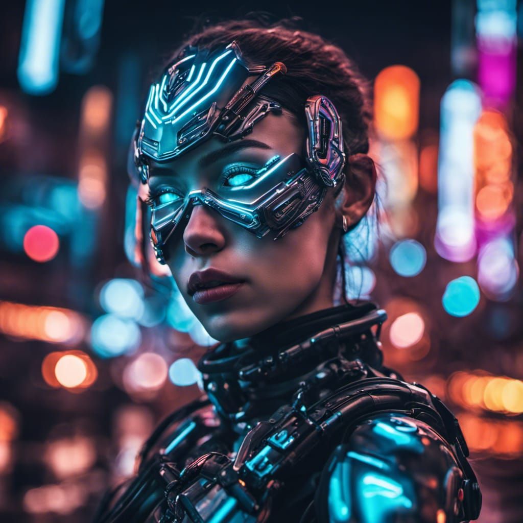 Portrait of a cyborg girl wearing futuristic face armor in a neon city ...