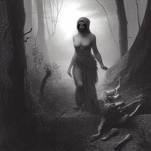Woman Escaping a Masked Killer in Dark Woods