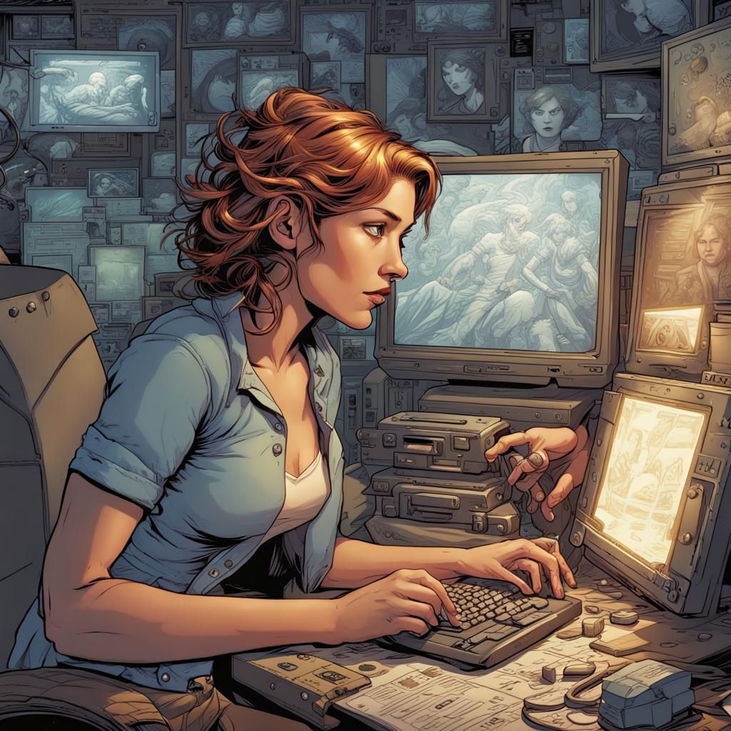 A woman is having a digital storytelling with character in c...