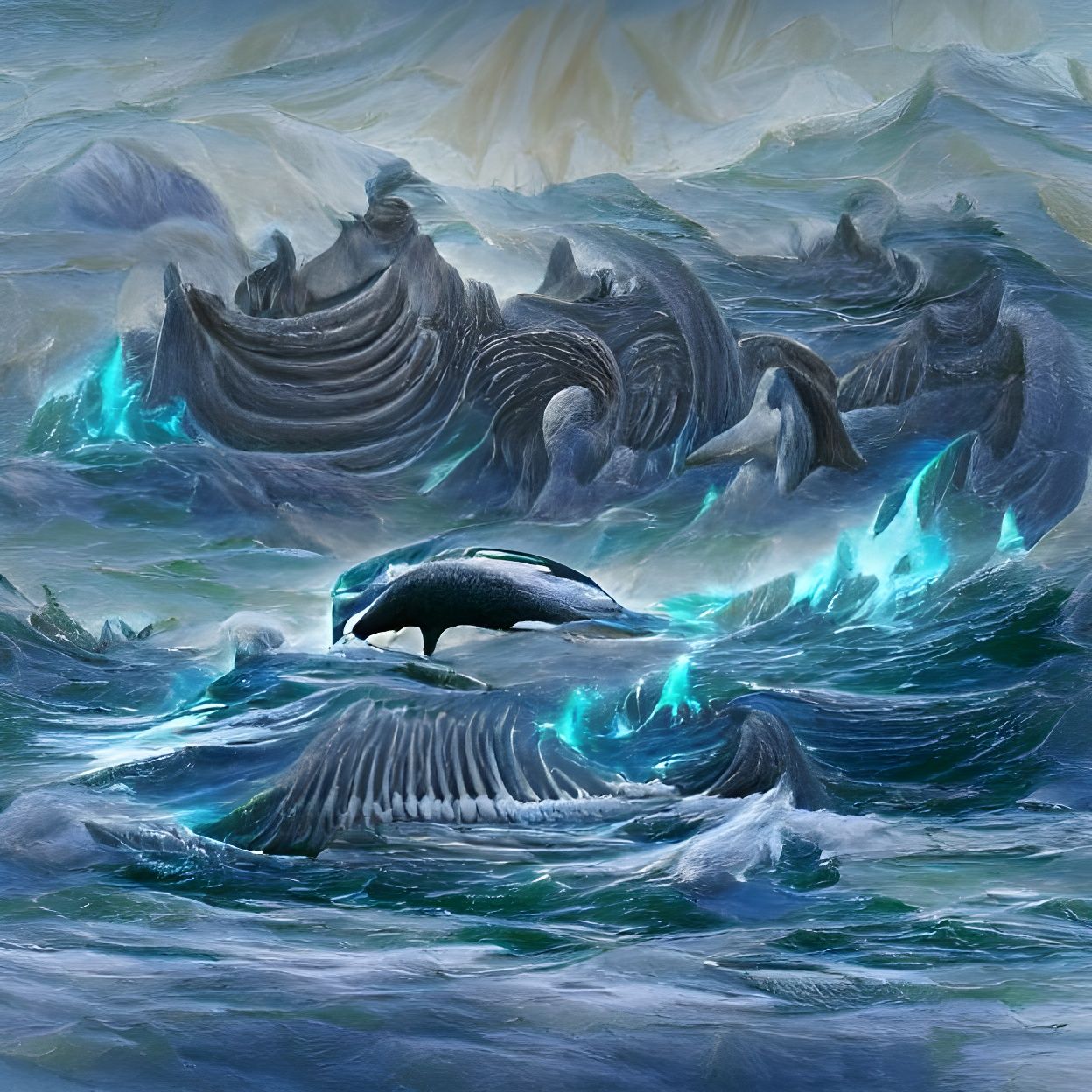 Ancient whale in ancient raging ocean.