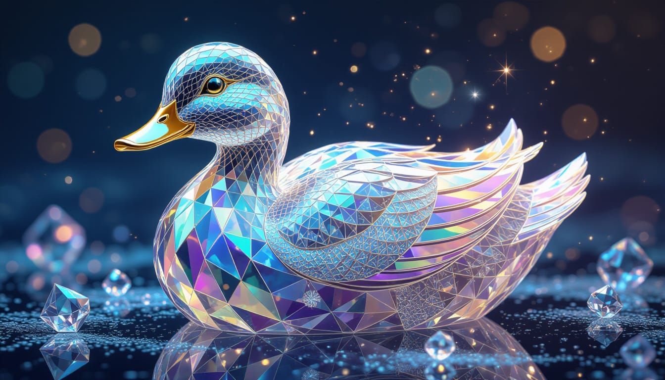 A stunning close-up fantasy image of a duck sculpted entirely from translucent crystal, where every feather is formed from intricate fractal...