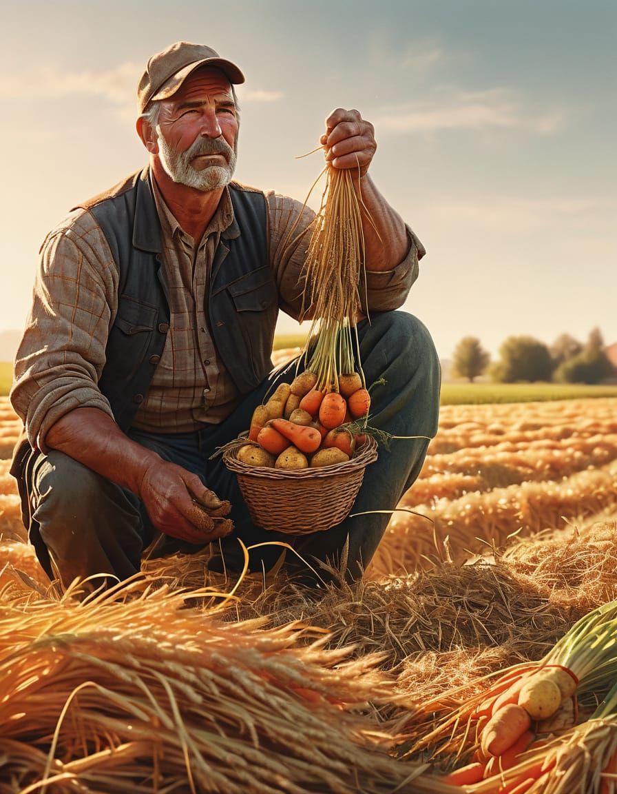  Concept art. Medium shot. A farmer holds a pear and carrot seeds in a field of wheat and hay.