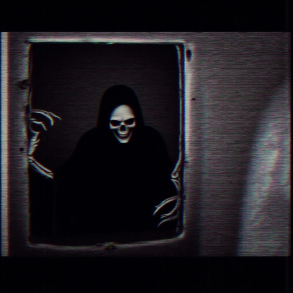 <lora:Reaper flux:1.0> A vintage, degraded VHS-style image with prominent tracking lines, color bleeding, and static interference. The scene...