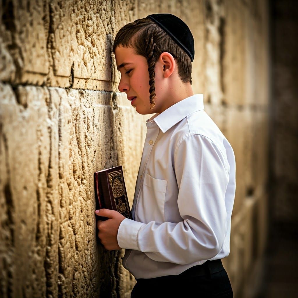 Boy Praying at Western Wall: Evocative Color Portrait