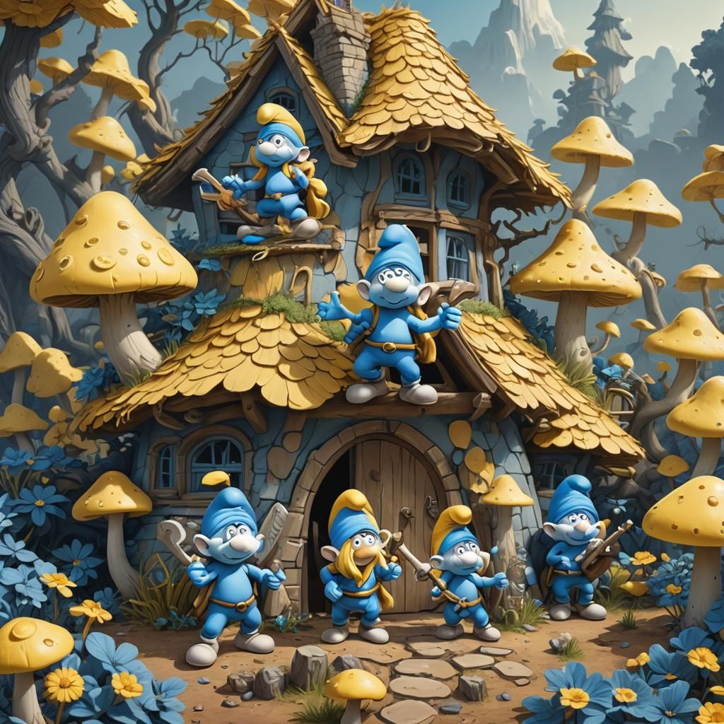 Smurfs Guarding Mushroom House with Abstract Elements