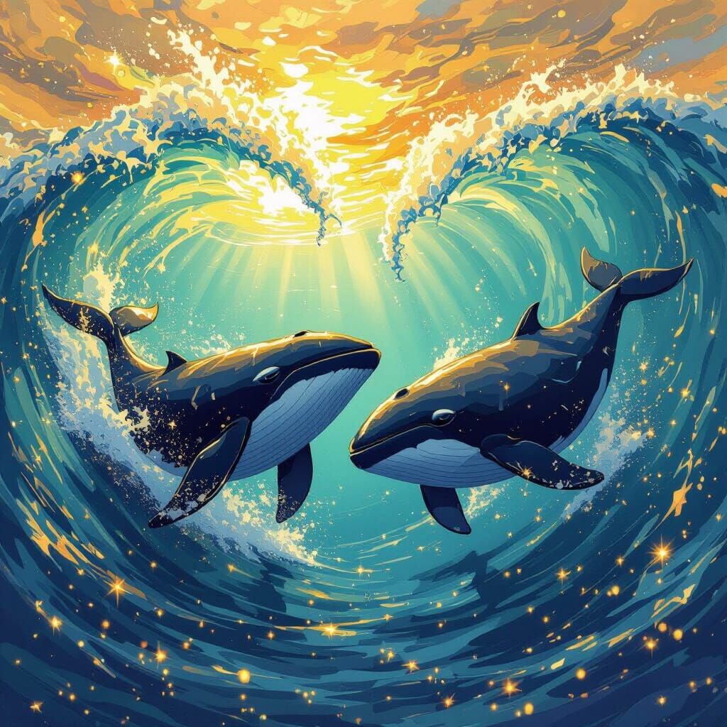 Furious Whales Swim in Golden Wave, Dreamy Concept Art