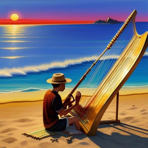 Boy Plays Harp on Beach in Surreal Oil Painting