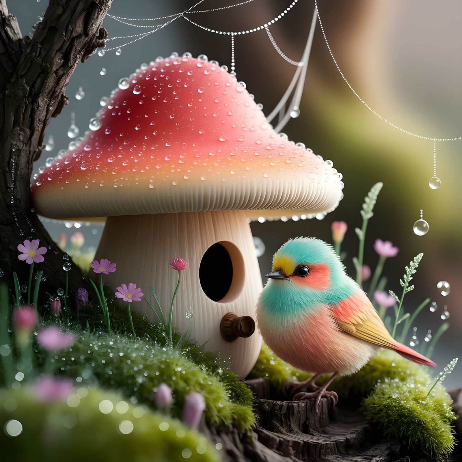A macro fantasy illustration of a cozy mushroom-shaped birdhouse nestled in moss, covered with delicate ...  by @Karina 