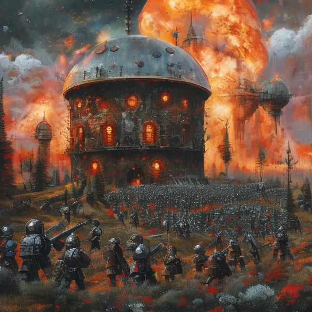 <lora:MJ6 Dark Fantasy DS8:1.0> An epic battle between rival factions in a fantasy realm, hyperrealistic, photorealistic, insane clarity an...