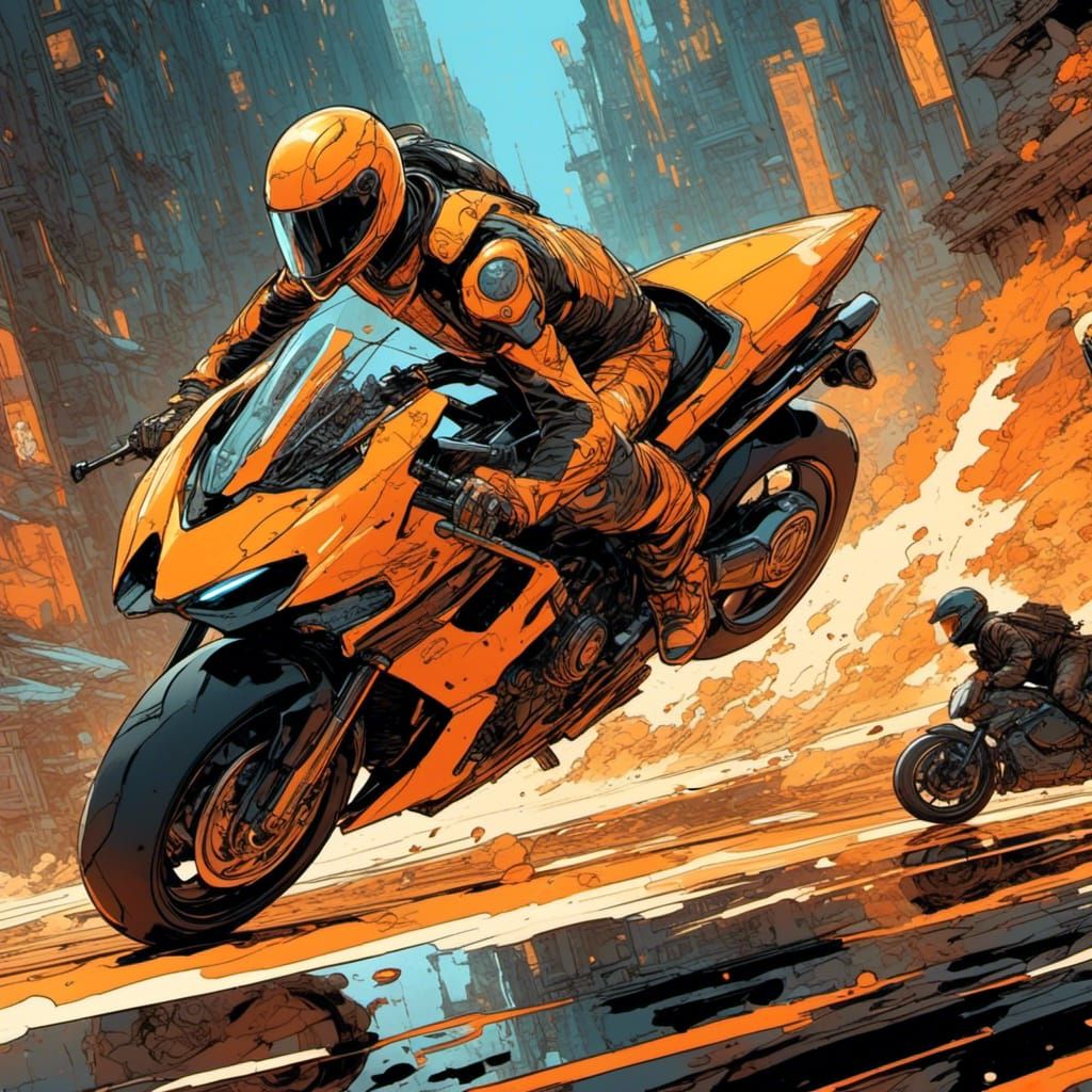 <lora:Liminal Lacquer:1.0>16k, side view hdr multipass of rider riding a motorcycle mech and jumping off a ramp, orange-gold and baroque-bla...