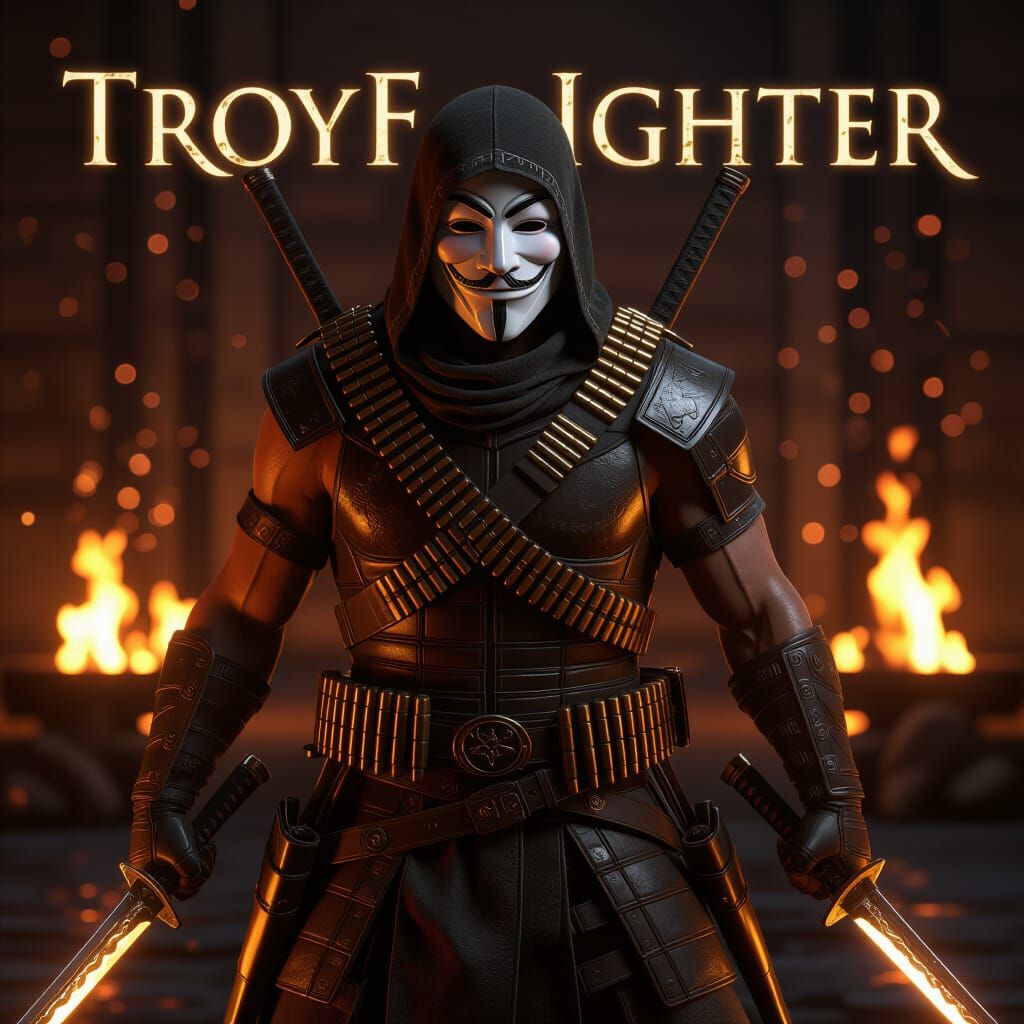"Troy Fighter" makes a fierce, "Anonymous mask" wearing warrior in full fury, wearing two guns in holsters, three full bullet belts, two cro...