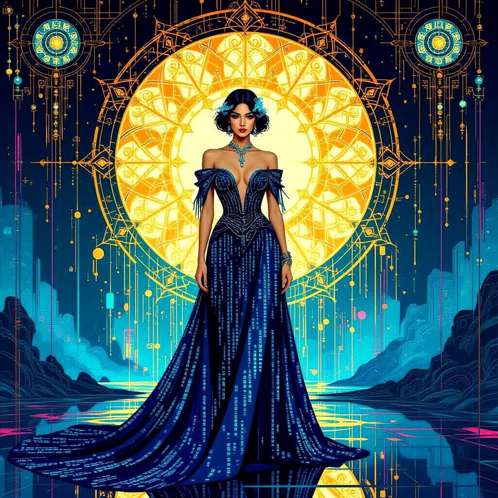 A digital oracle with a flowing gown of binary code stands before a shimmering portal, their eyes radiating an otherworldly glow. The backgr...