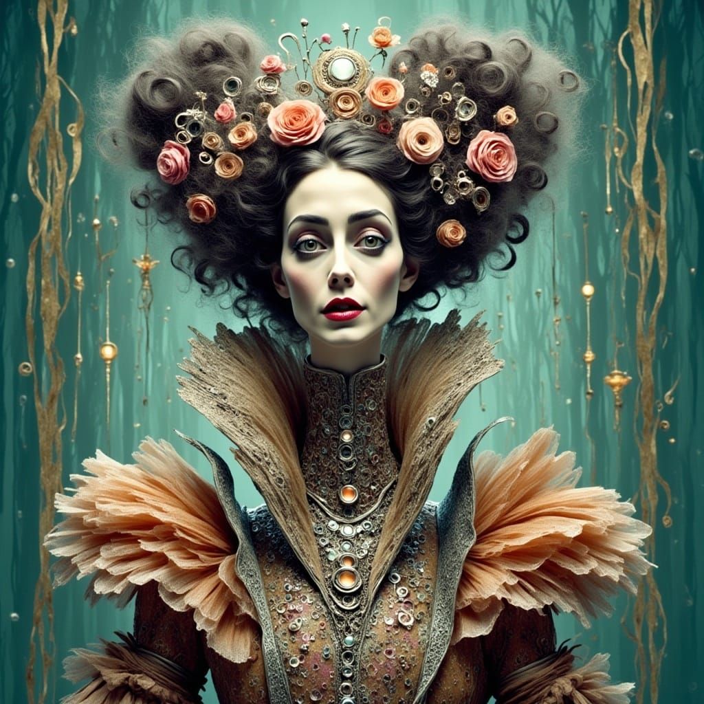  <lora:SybilThorn-6:1.0> portrait of a beautiful woman wearing intricately detailed colorful clothing and futuristic jewelry.