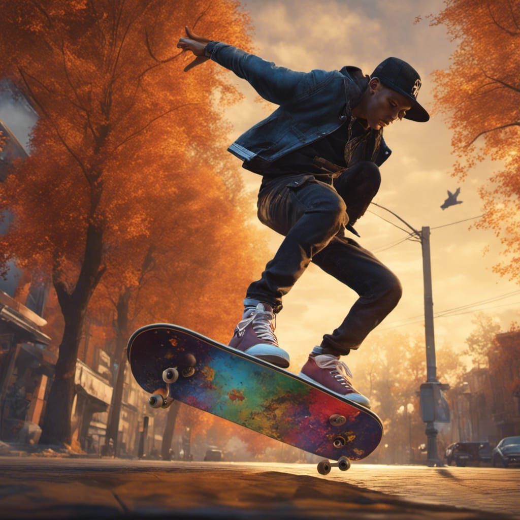 a skater dressed in hip hop fashion, jumping on a colorful board on a street in autumn, in the evening ...  by @Elke Buerger