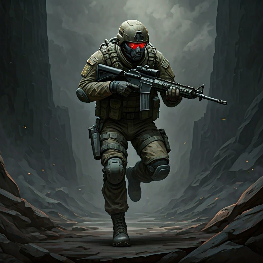 Soldier Sprinting Through War-Torn Landscape