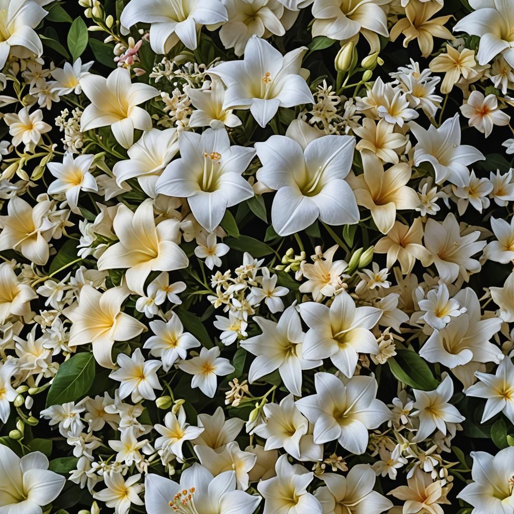 Bouquet of flowers. Boquet of: Night-blooming jasmine, Gardenia Moonflower (tropical white morning glory), Tuberose, Frangipani, Carnation,...