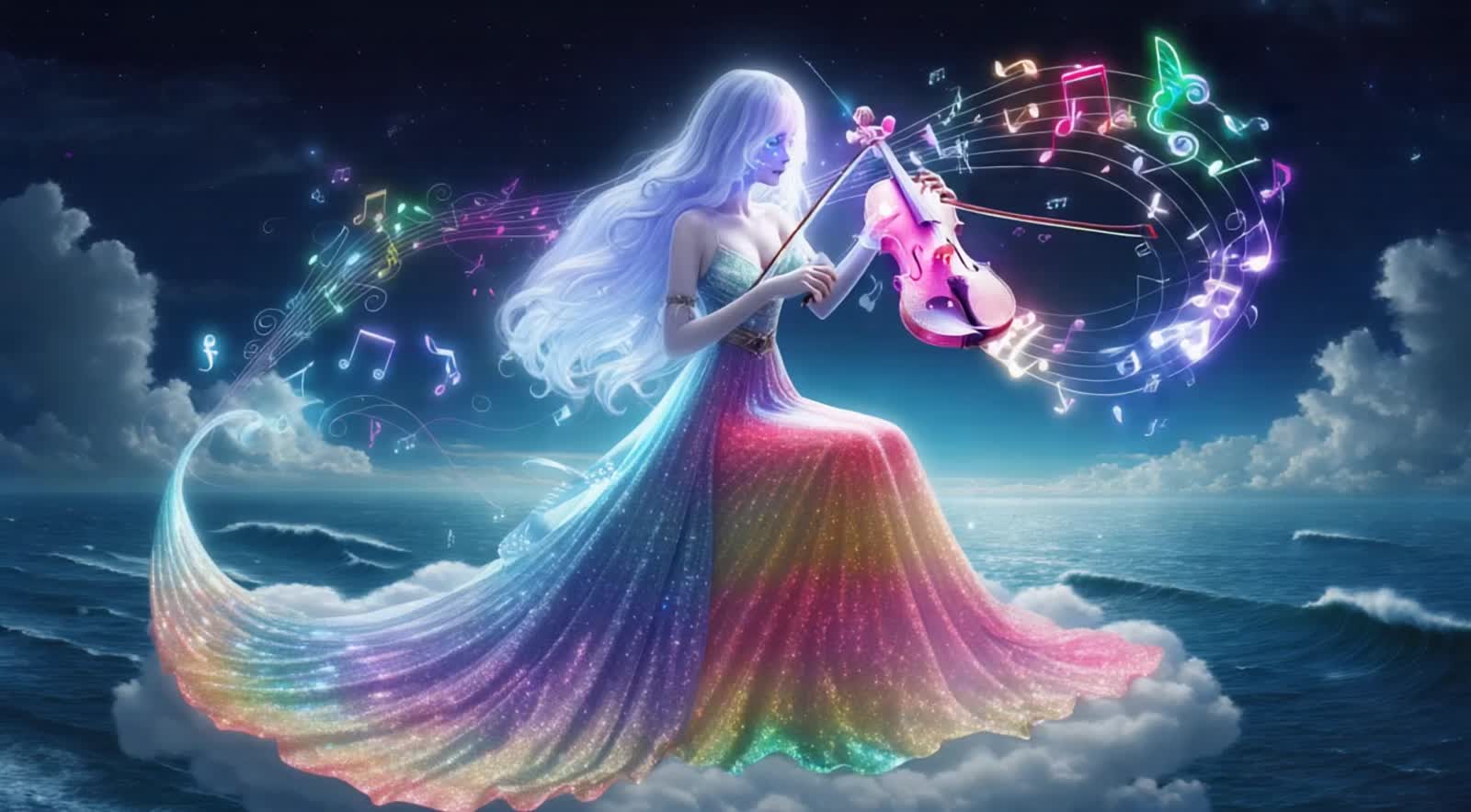A female ghost with a multicolored twinkling long flowing dress, sitting on a cloud above an ocean with waves, playing o...