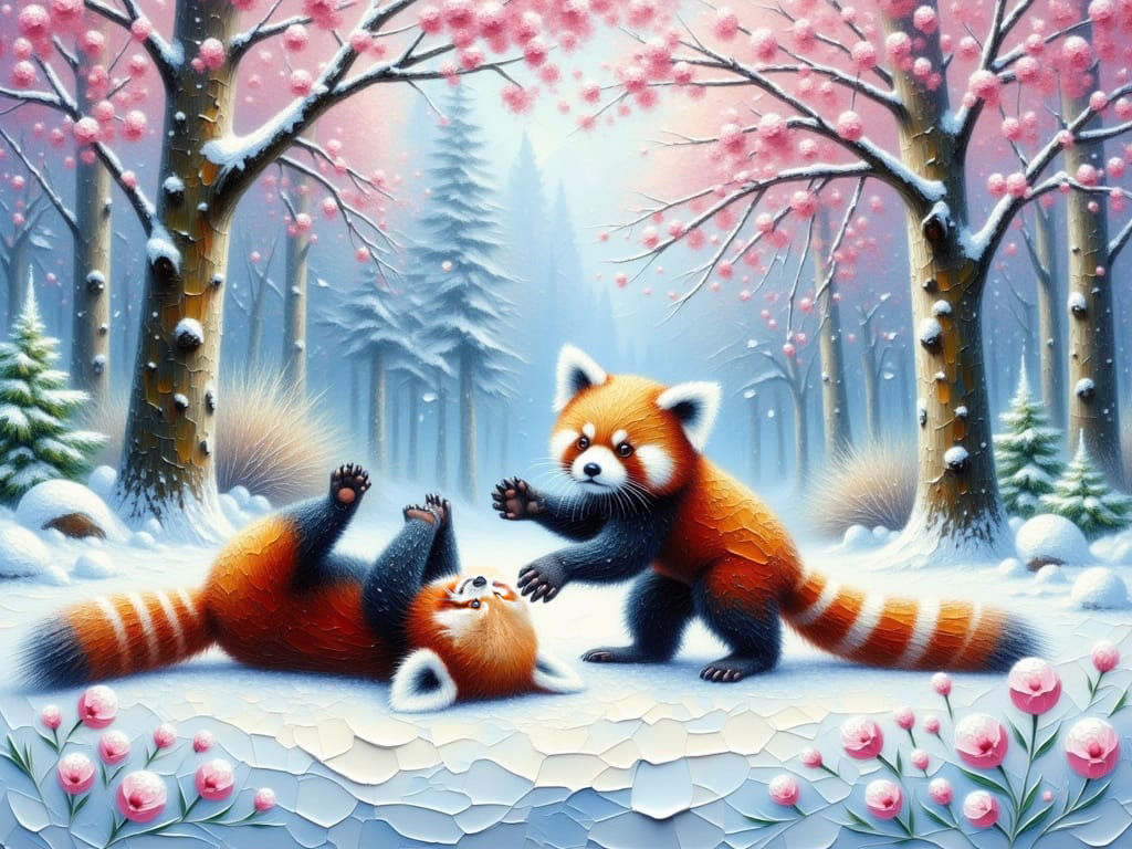 Playful Red Pandas in the snow