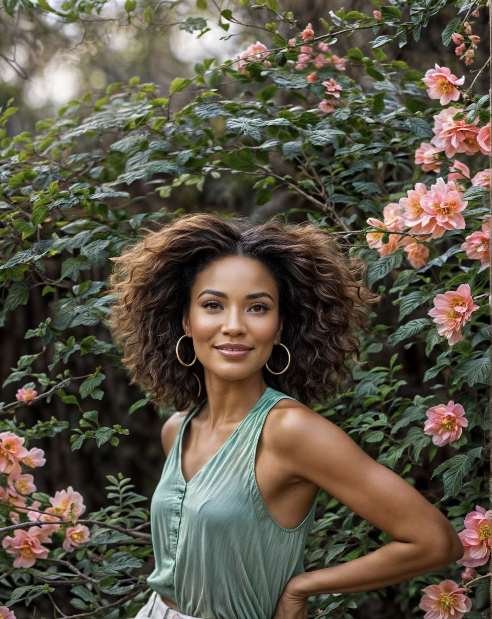 …enhanced: A realistic portrait of a lady in a flower garden <lora:Mira:1.0> <lora:botanical-floral V1:1.0> 64 megapixel...