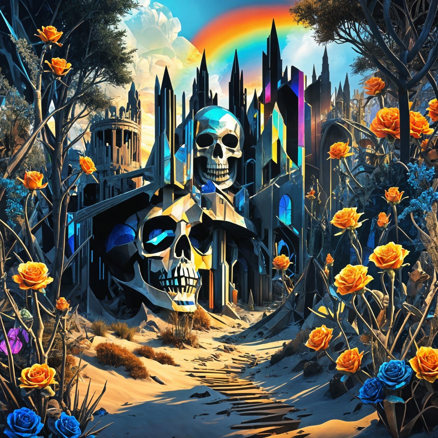 jagged cubism, rainbow neon colors, shattered picture, sand ...