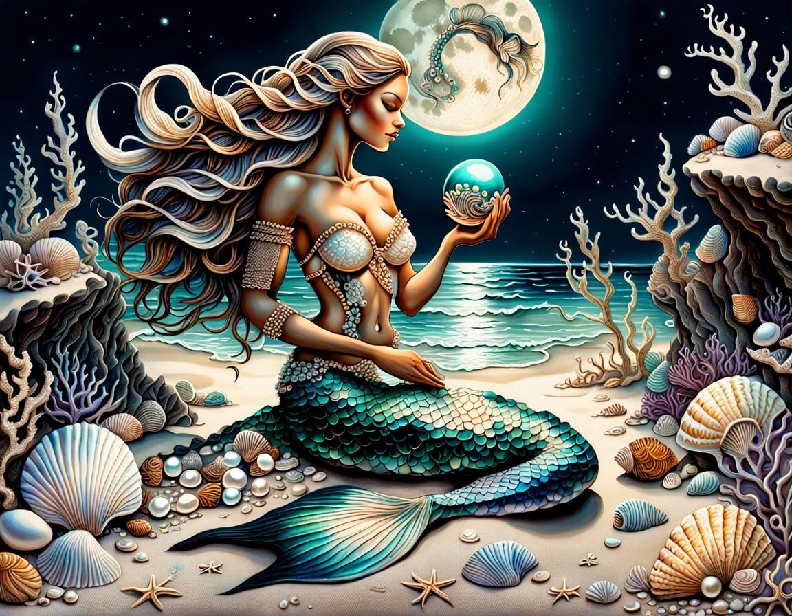 beautiful mermaid studying treasures washed upon the shore, the remote beach bathed in the light of a ...  by @Pjrockey