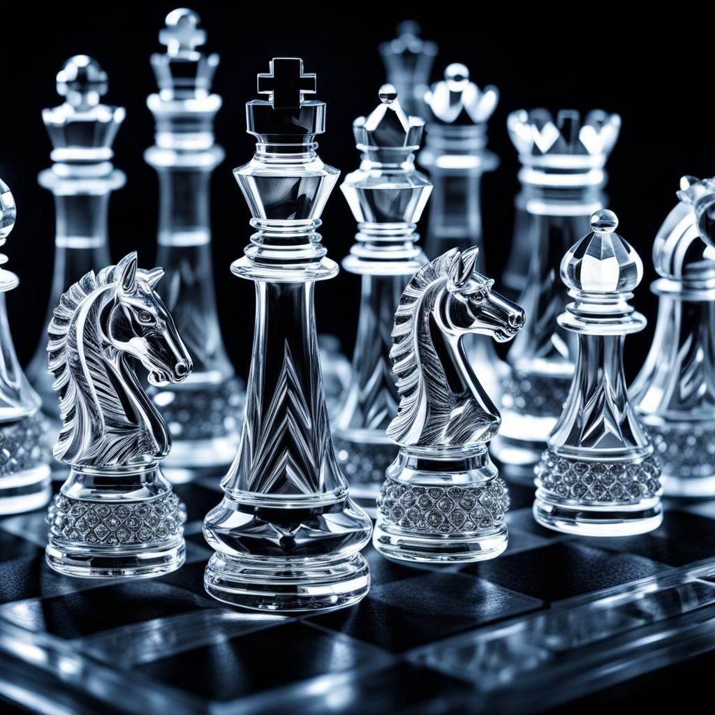 Crystal chess set intricate details, HDR, beautifully shot, ...