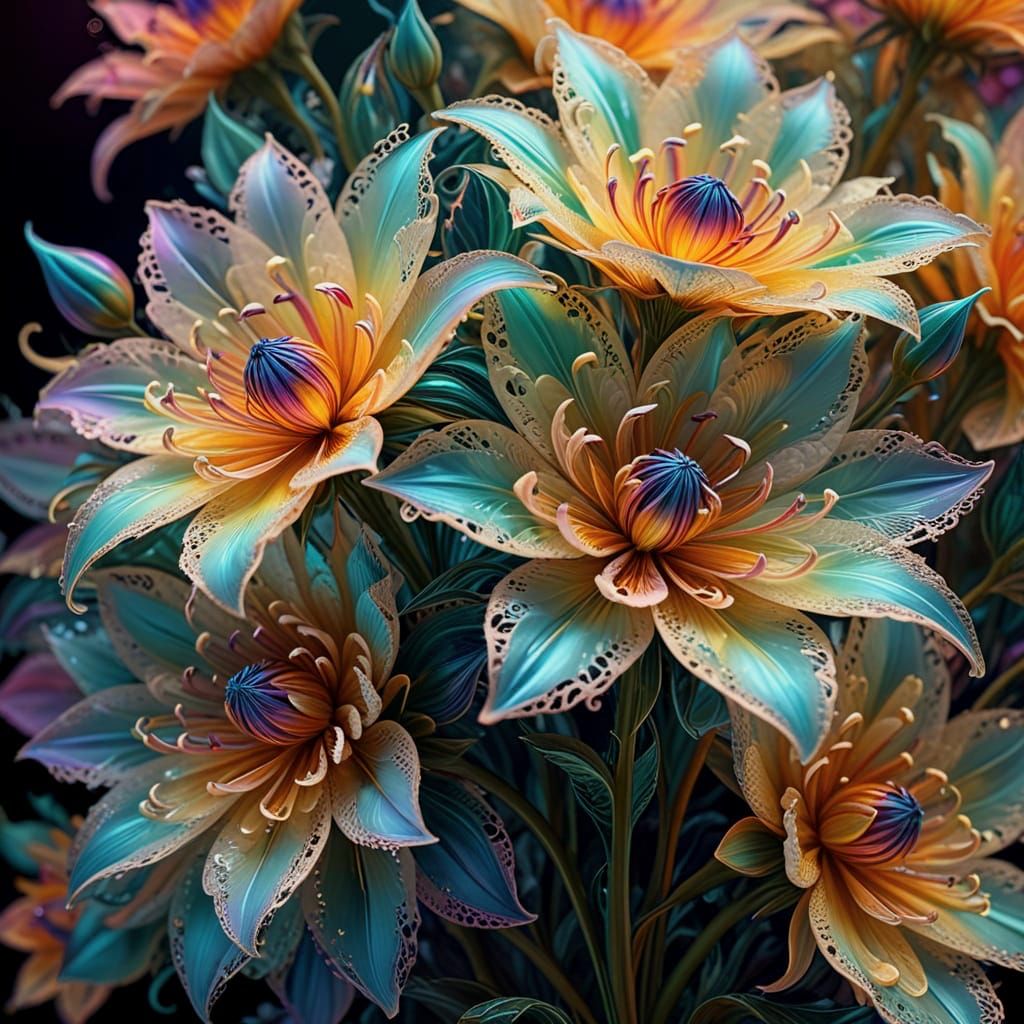 jewel-toned colorful flowers with elongated petals and swirl...