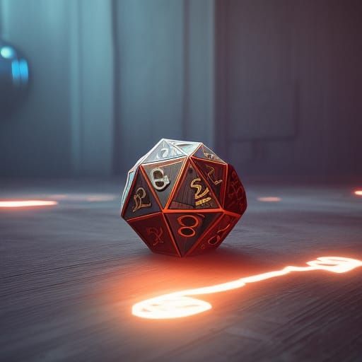 Wooden d20, cursed, evil, glowing, hyperdetailed, blood, 1