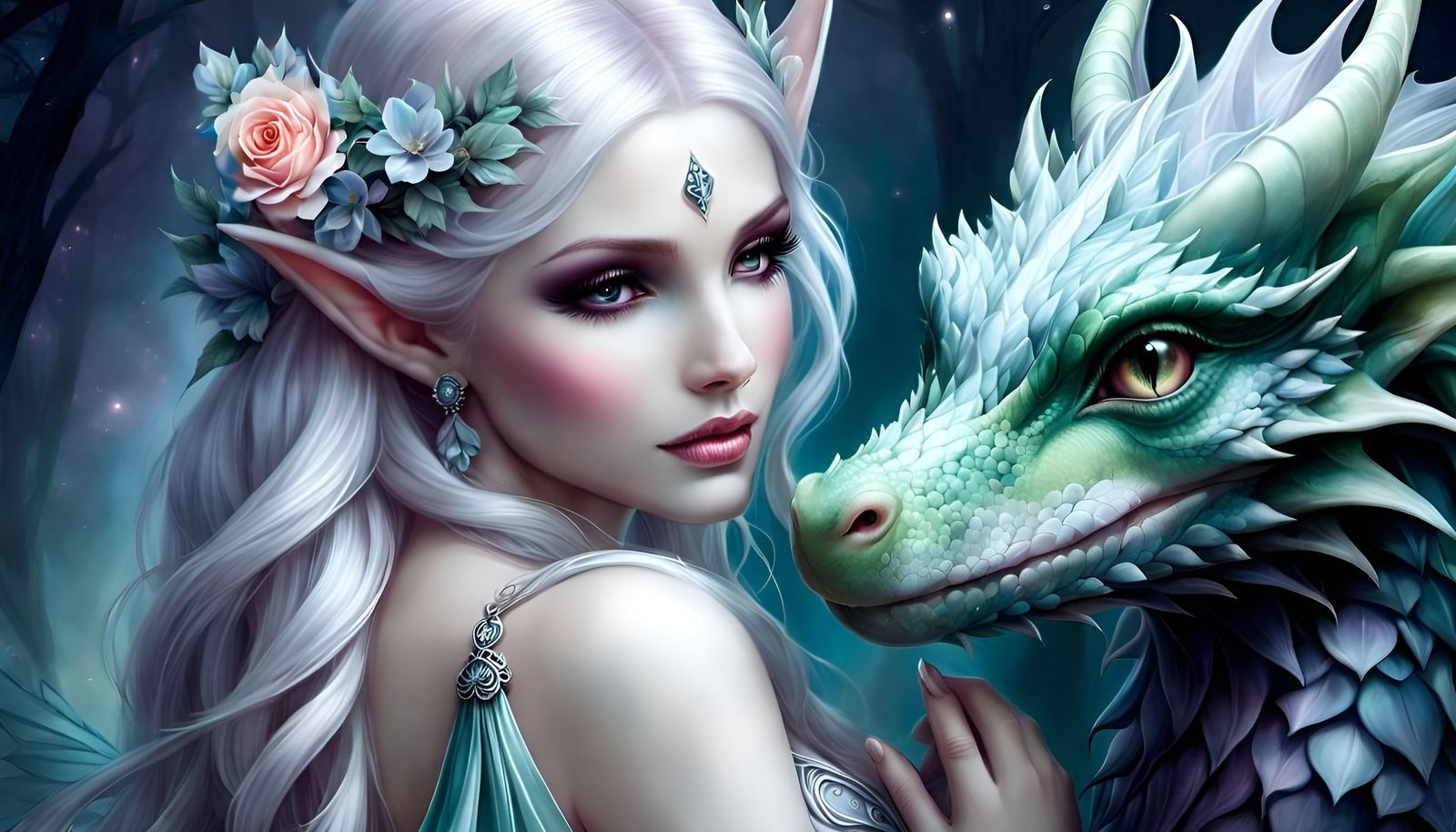 Elven Queen and Young Dragon  by @Fibek