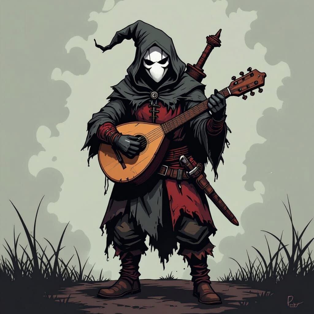A mysterious serious and intimidating jester, mouthless featureless white mask, on his back: lute, knife in his hand, "Darkest Dungeon" arts...