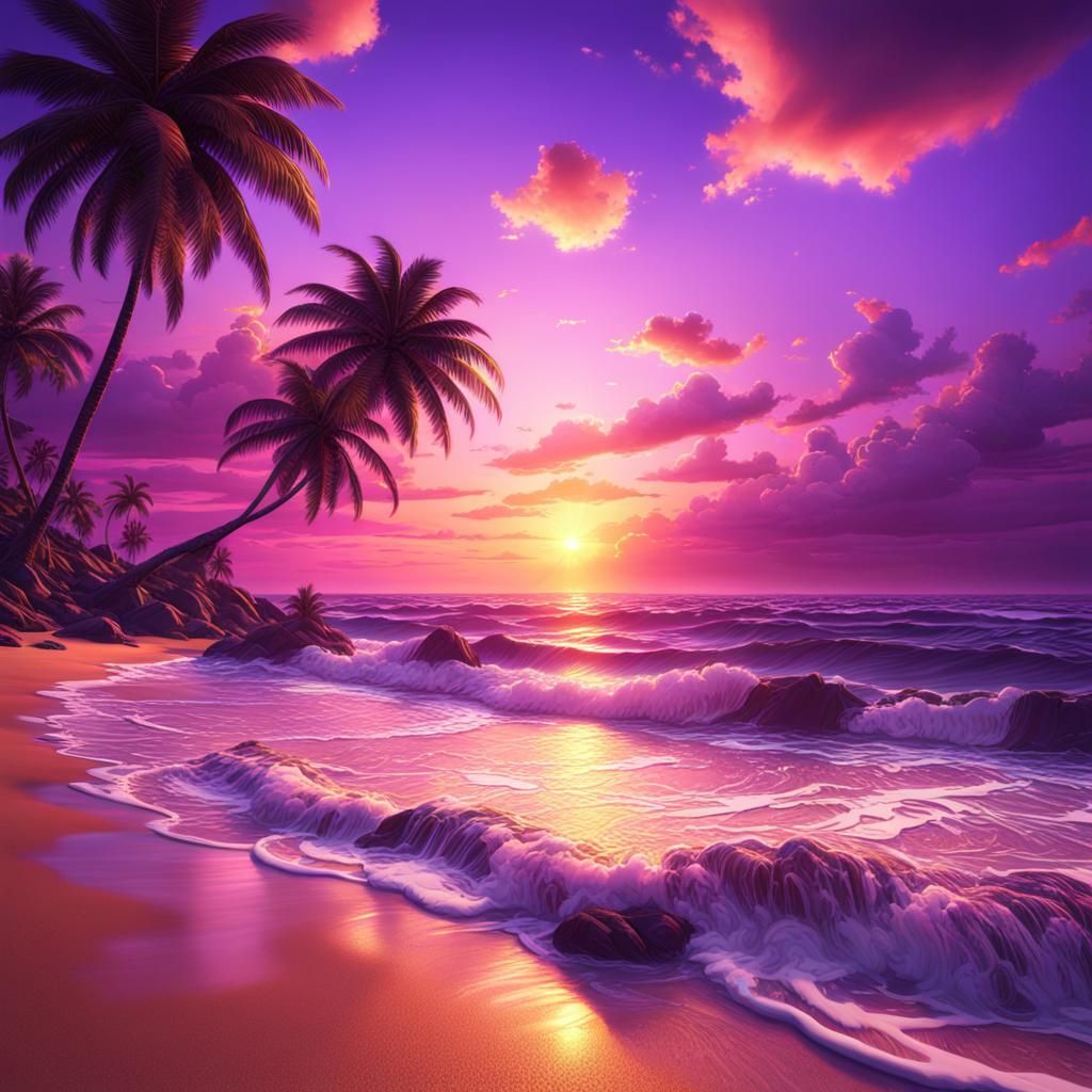 Stunning purple sunset at the beach with a couple of palms in bright vivid colors with waves crashing ...  by @SunnySkies 