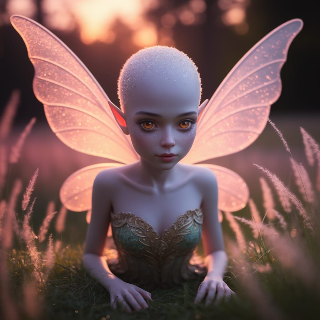 (Dreamy fairy:1.4) ethereal bald beauty, delicate wings, dusting of glitter, close-up on radiant eyes, in a twilight meadow, soft cascades o...