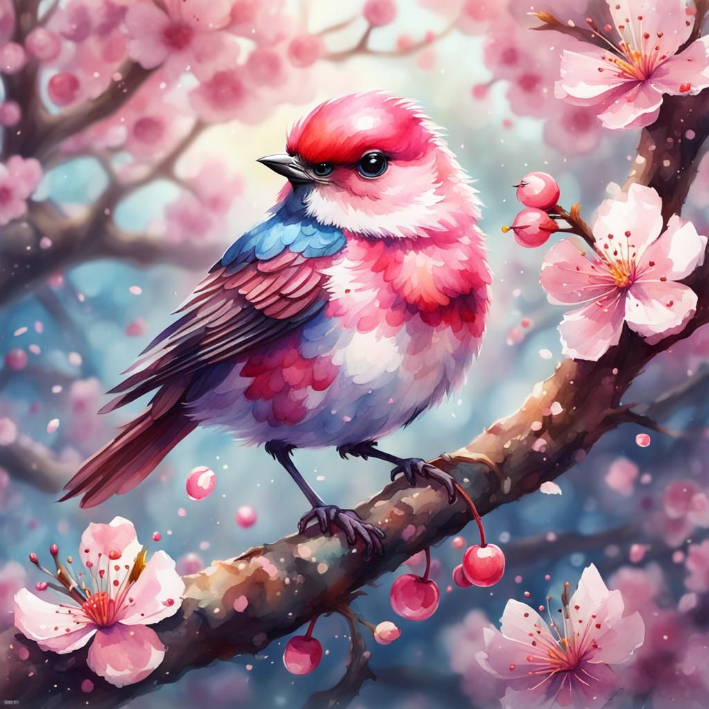 A watercolor painting of an adorable cherry blossom bird  by @Canonlian