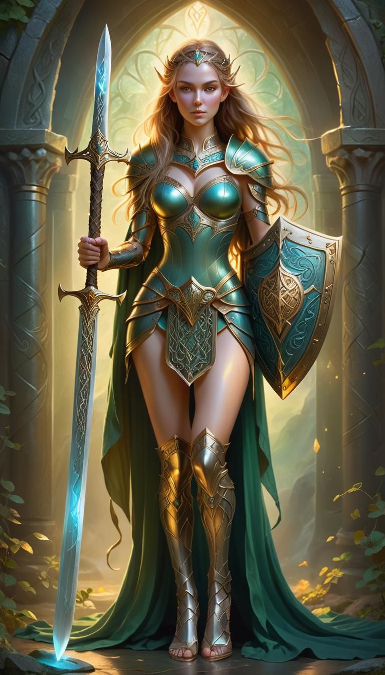 A full body portrait of a beautiful and powerful goddess. Sh...