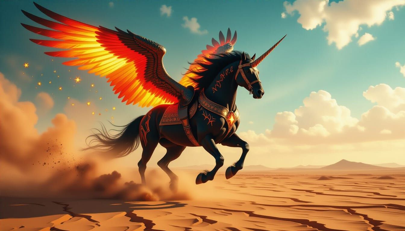 “Solar War Horse of the Dawn Rift”

A titanic fire-mane stallion galloping across a floating shattered desert world, hooves forging molten t...