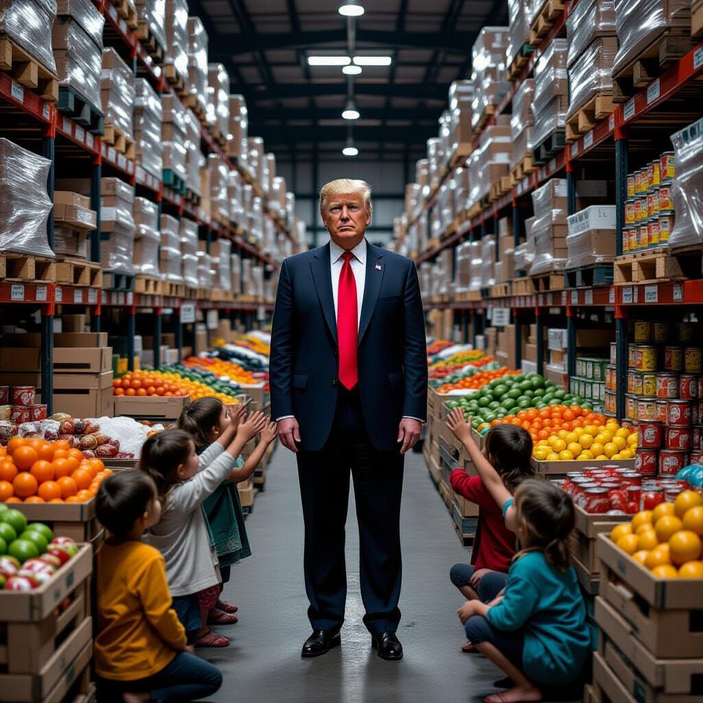 Trump with a warehouse filled with food, refuses to give food to starving children who are begging.
