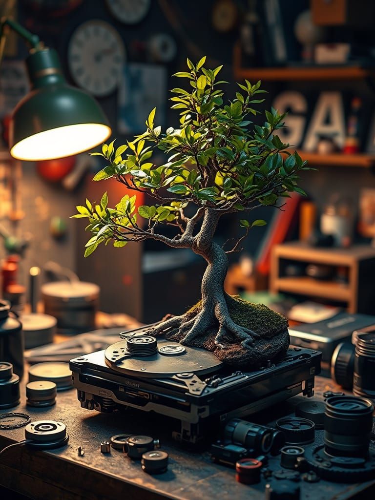 A vibrant bonsai tree growing out of a broken hard drive, sitting on a cluttered workbench in a dimly ...  by @Brian