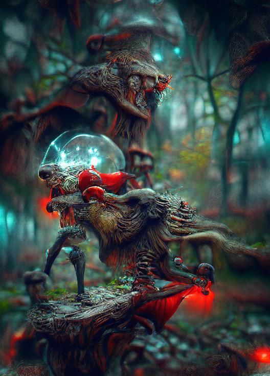 red riding hood fight to drunk mad werewolf mushroom, solar-...