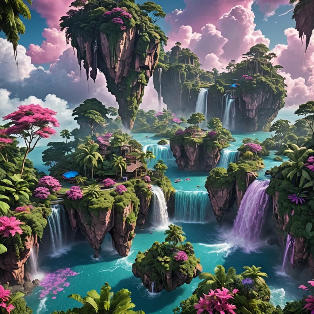 Floating Tropical Islands with Waterfalls and Colorful Cloud...