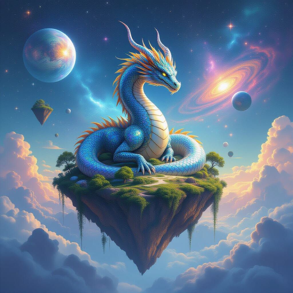 A colossal, ancient dragon coiled around a floating island amidst a sea of stars. Its scales shimmer with the light of distant galaxies, and...