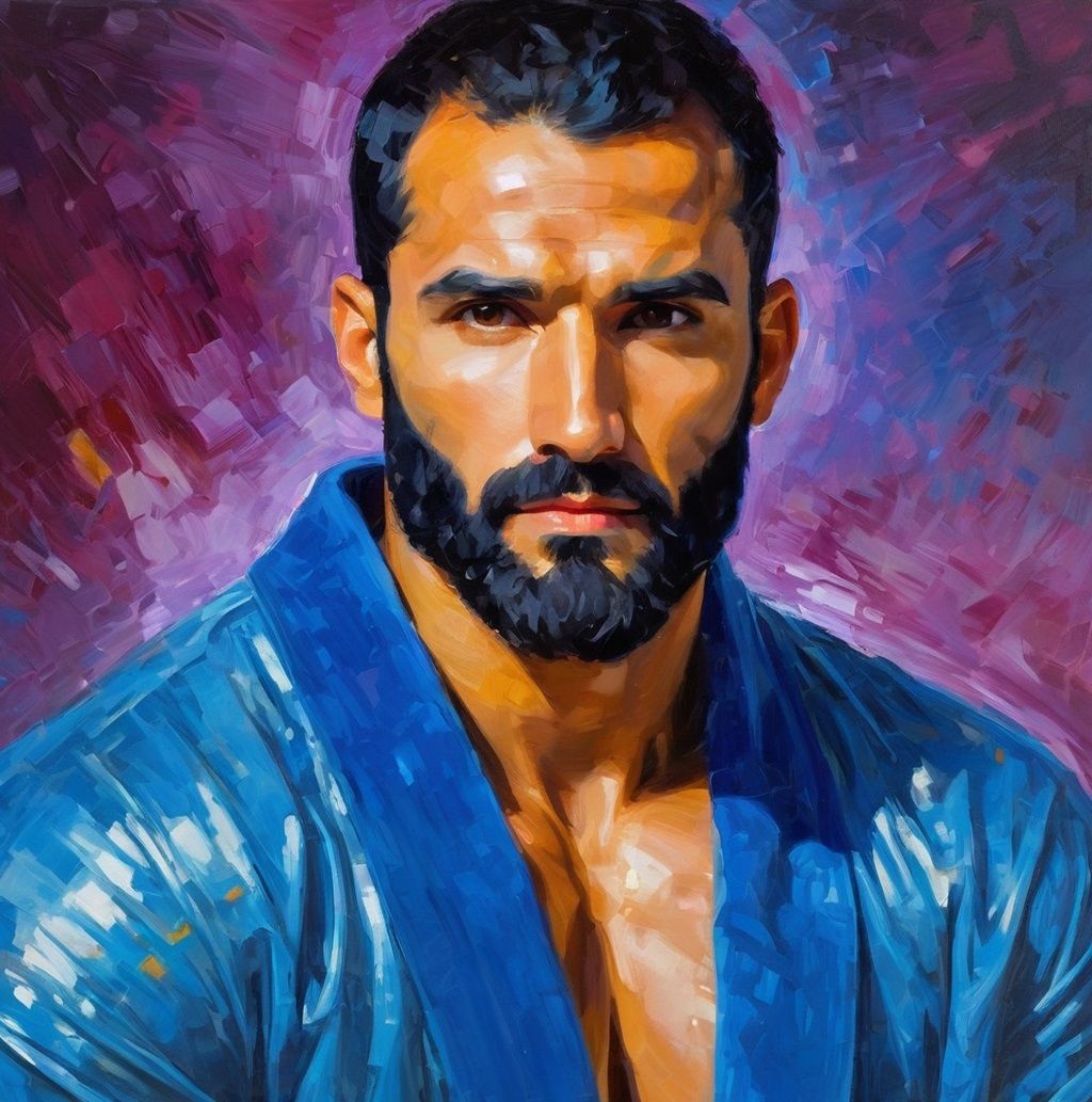 A handsome  bearded man wearing a   blue  bathrobe