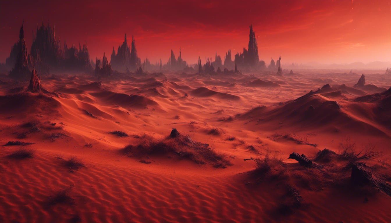 <lora:Macabre:1.0> Red sand dunes, black-orange sky, wild ri...