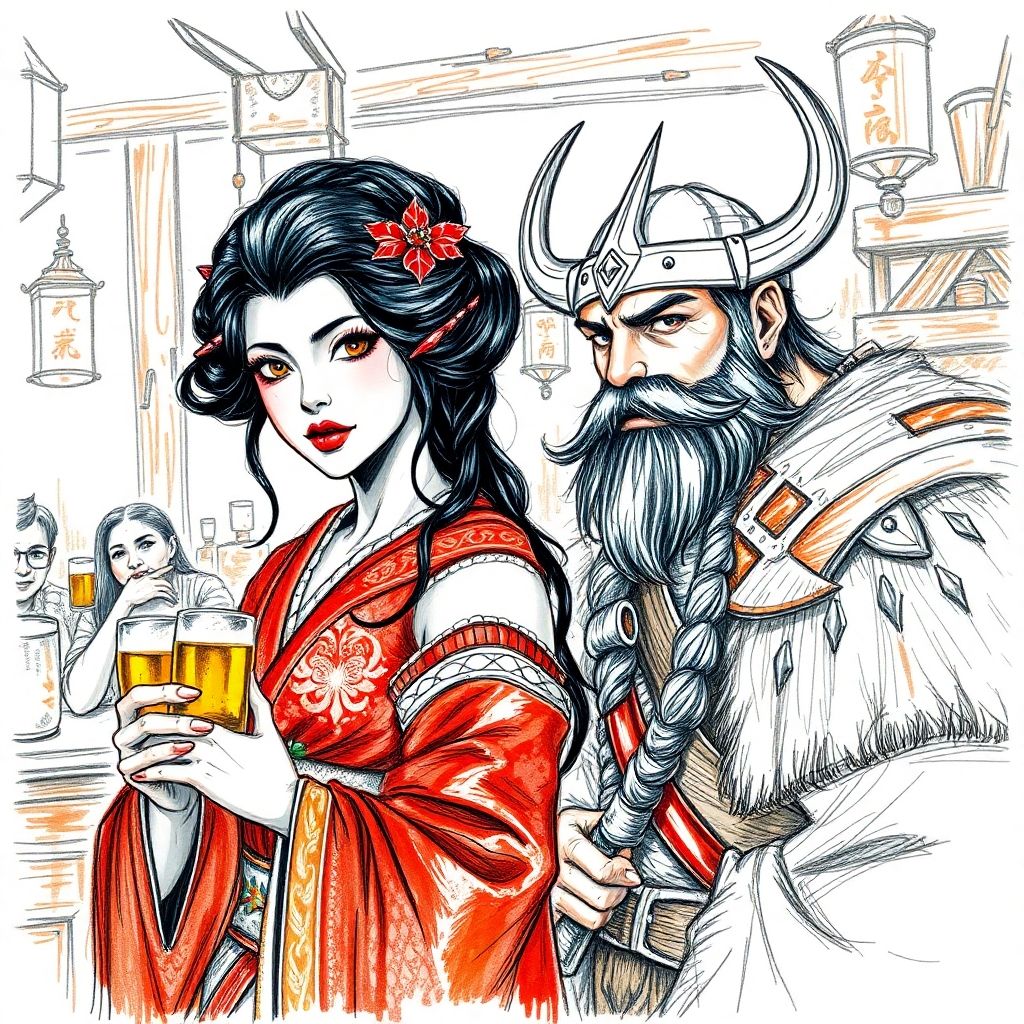 Geisha and Viking at Bar