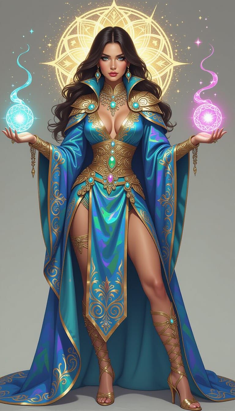 Beautiful sorceress with wide eyes, wearing iridescent prismatic wizard robes with a magical inner opalescent glow, glowing arcane runes all...