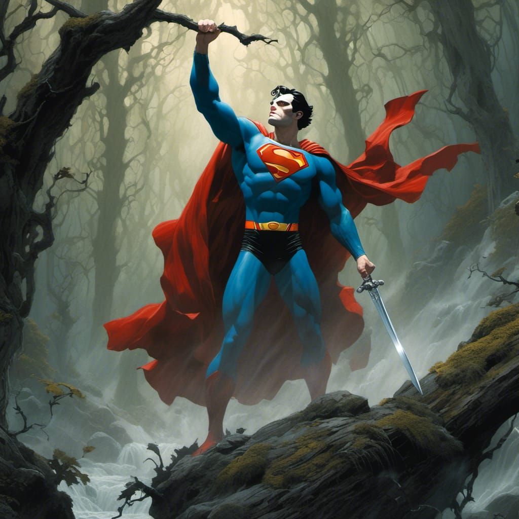 Superman as King Arthur pulling the sword from the stone.  