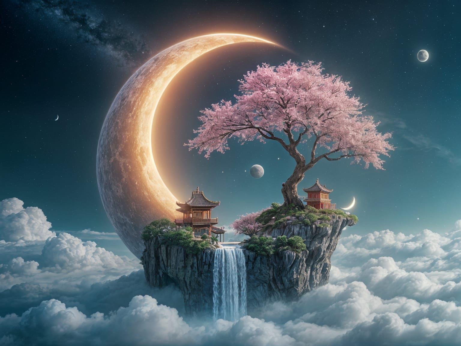 An ultra-realistic 3D render depicting a detailed glowing crescent moon in outer space, holding a miniature, serene colourful cascading Chin...