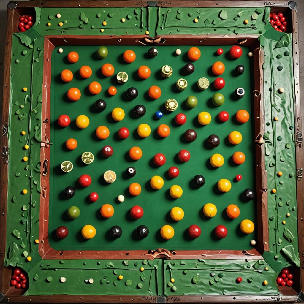 Snooker table with fruit all over it