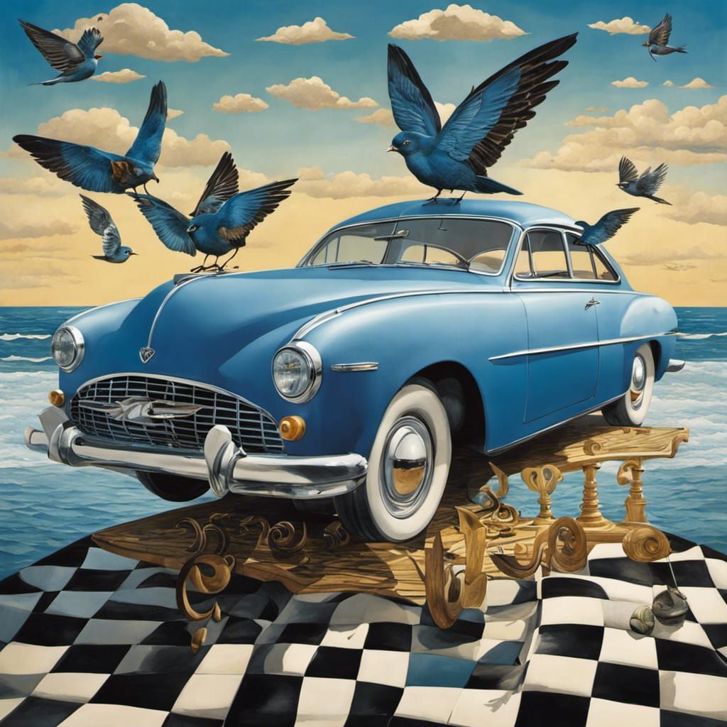 Blue car on a chessboard