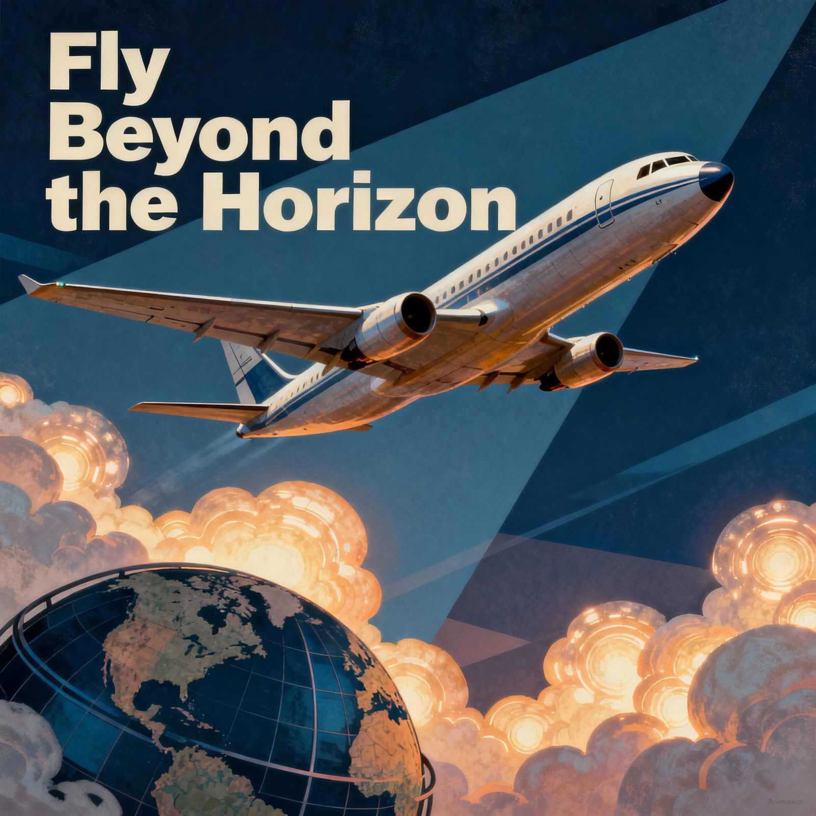 Retro Travel Poster — “Fly Beyond the Horizon”

A 1950s airline travel poster featuring a sleek jet soaring ...  by @Likvi